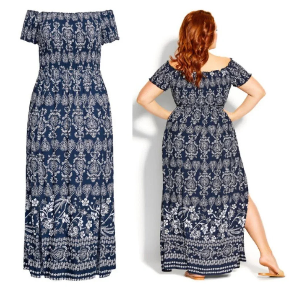 New! City Chic Paisley Spirit Maxi Dress navy nwt 29021